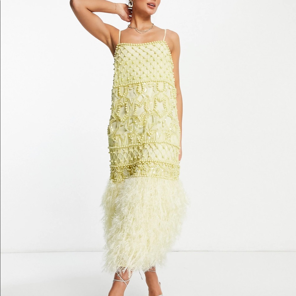 ASOS Edition pearl embellished cami midi dress with feathers in lemon